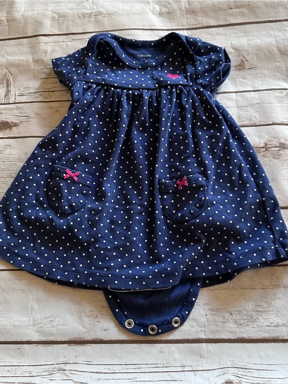 Carter's navy blue polka dot baby dress with pink heart detail 6m vguc
